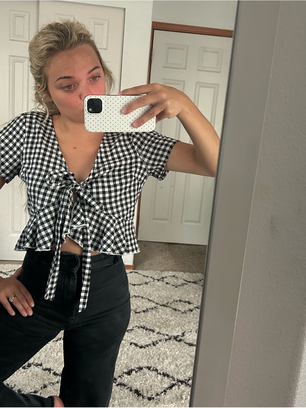 SHEIN Black & White Gingham Tie-Front Ruffle Crop Top